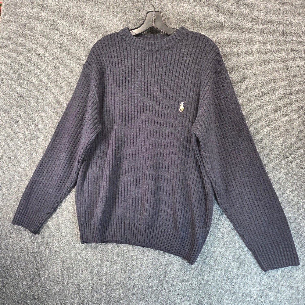 Vintage Polo Sport‎ Ralph Lauren Ribbed Crewneck Pullover Sweater XL Navy Cotton - Picture 4 of 12